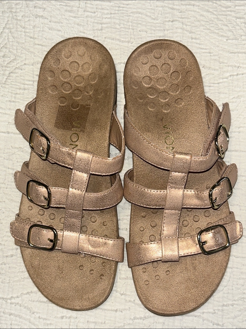 Vionic Rose Gold Pink Metallic Multi-Strap Sandals, size 7
